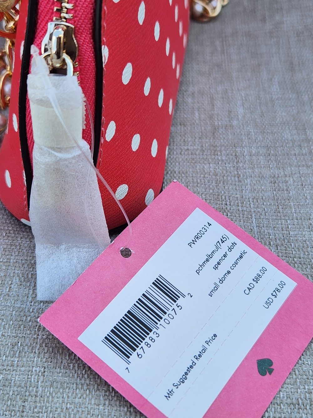 Kate Spade Coral & White Polka Dot Cosmetic Bag Upcycled Crossbody w. Chain NWT - Picture 10 of 16